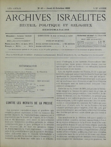 Archives israélites de France. Vol.59 N°40 (06 oct. 1898)