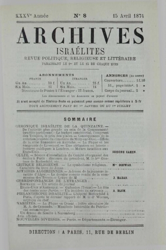 Archives israélites de France. Vol.35 N°08 (15 avr. 1874)