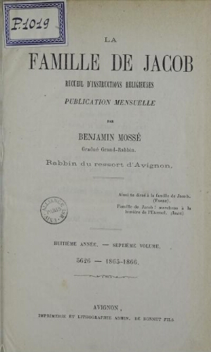 La Famille de Jacob  Vol.07 (1865-1866)