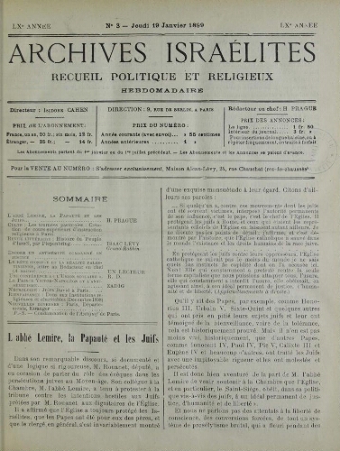 Archives israélites de France. Vol.60 N°03 (19 janv. 1899)