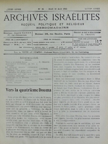 Archives israélites de France. Vol.73 N°34 (22 août 1912)