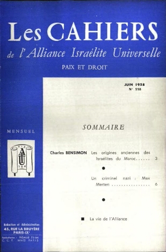 Les Cahiers de l'Alliance Israélite Universelle (Paix et Droit).  N°118 (01 juin 1958)