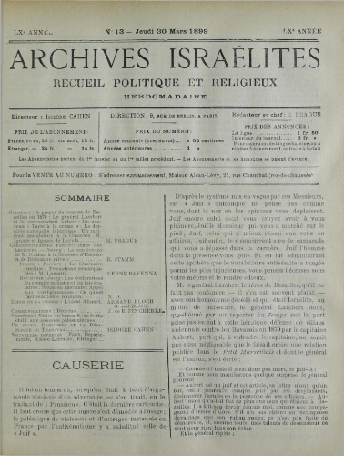 Archives israélites de France. Vol.60 N°13 (30 mars 1899)