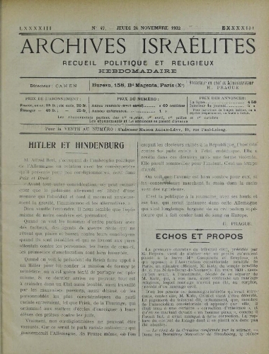 Archives israélites de France. Vol.93 N°47 (24 nov. 1932)