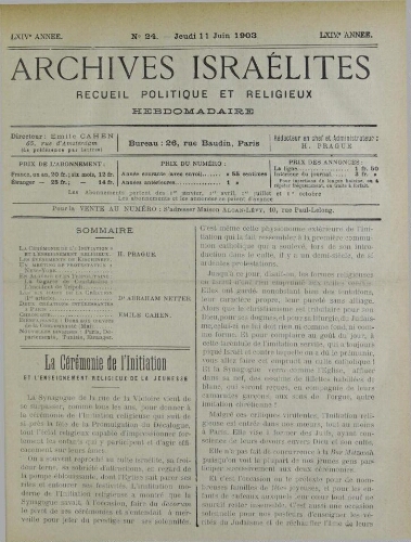 Archives israélites de France. Vol.64 N°24 (11 juin 1903)