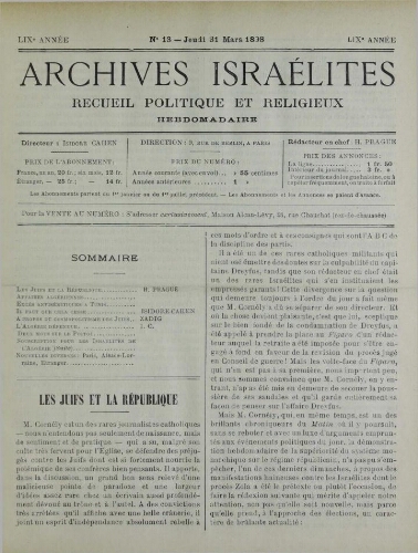 Archives israélites de France. Vol.59 N°13 (31 mars 1898)