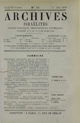 Archives israélites de France. Vol.37 N°11 (01 juin 1876)