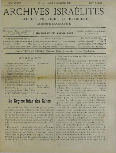 Archives israélites de France. Vol.65 N°44 (03 nov. 1904)