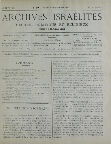 Archives israélites de France. Vol.58 N°39 (30 sept. 1897)