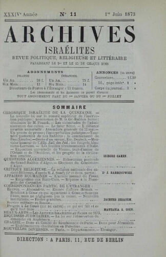 Archives israélites de France. Vol.34 N°11 (01 juin 1873)