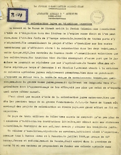 Quarante années d'activité, 1891-1931 : la colonisation juive en République argentine