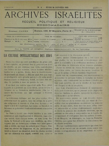Archives israélites de France. Vol.94 N°04 (26 janv. 1933)