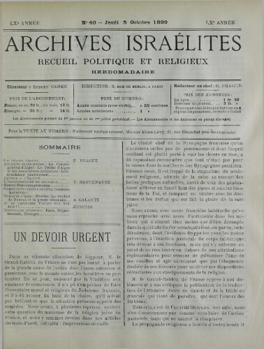 Archives israélites de France. Vol.60 N°40 (05 oct. 1899)