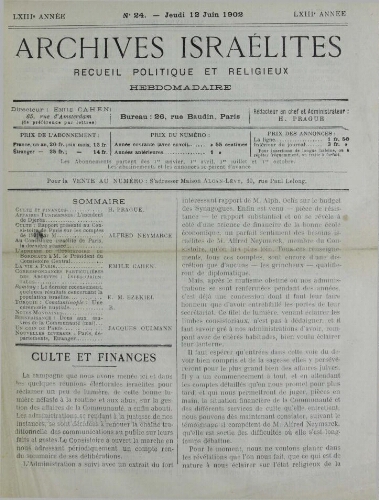 Archives israélites de France. Vol.63 N°24 (12 juin 1902)