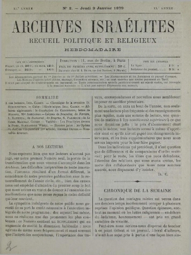 Archives israélites de France. Vol.40 N°02 (09 janv. 1879)