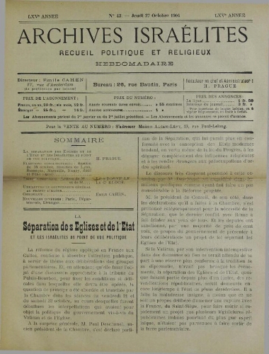 Archives israélites de France. Vol.65 N°43 (27 oct. 1904)