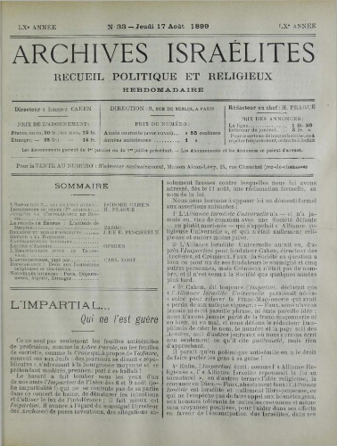 Archives israélites de France. Vol.60 N°33 (17 août 1899)