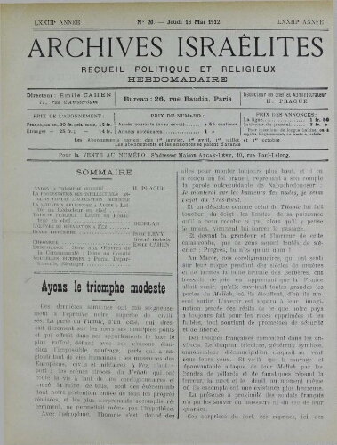 Archives israélites de France. Vol.73 N°20 (16 mai 1912)