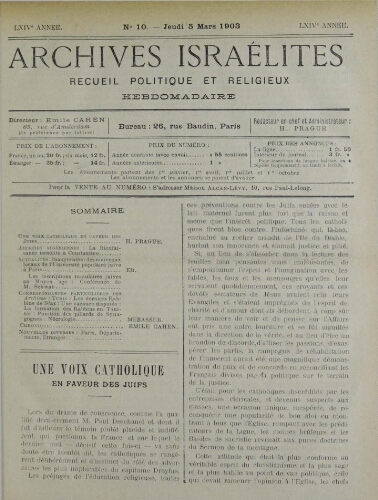 Archives israélites de France. Vol.64 N°10 (05 mars 1903)