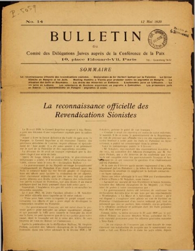 Bulletin du Comité des délégations juives auprès de la Conférence de la paix N°14 (12/05/1920)