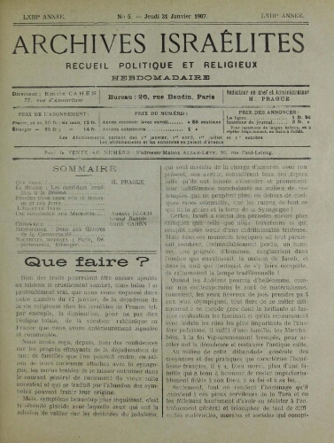 Archives israélites de France. Vol.68 N°05 (31 janv. 1907)