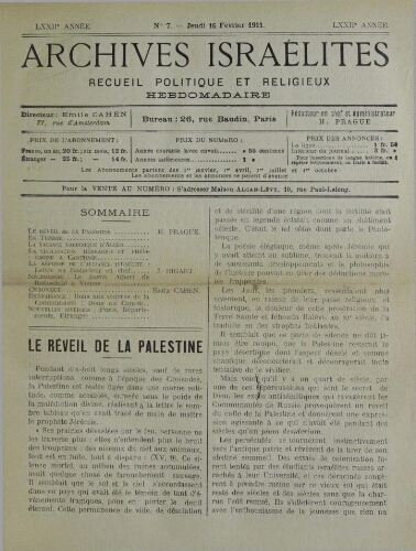 Archives israélites de France. Vol.72 N°07 (16 févr. 1911)