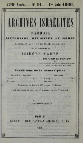 Archives israélites de France. Vol.27 N°11 (01 juin 1866)