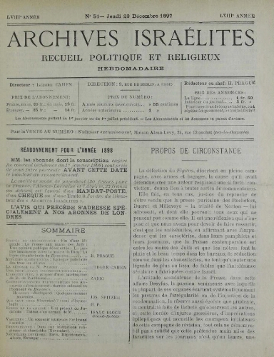 Archives israélites de France. Vol.58 N°51 (23 déc. 1897)