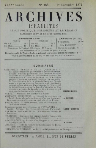 Archives israélites de France. Vol.35 N°23 (01 déc. 1874)