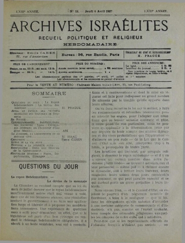 Archives israélites de France. Vol.68 N°14 (04 avr. 1907)