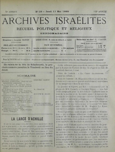 Archives israélites de France. Vol.60 N°19 (11 mai 1899)