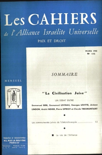 Les Cahiers de l'Alliance Israélite Universelle (Paix et Droit).  N°115 (01 mars 1958)