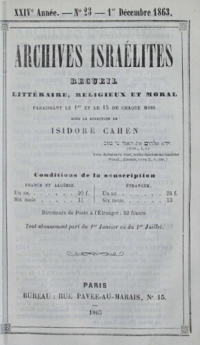 Archives israélites de France. Vol.24 N°23 (01 déc. 1863)
