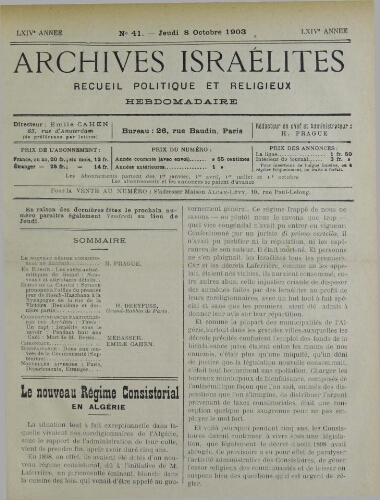 Archives israélites de France. Vol.64 N°41 (08 oct. 1903)