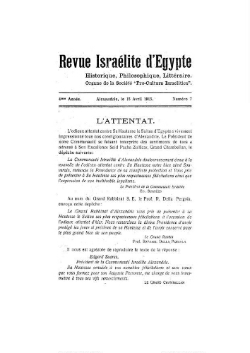 Revue israélite d'Egypte. Vol. 4 n° 7 (15 avril 1915)