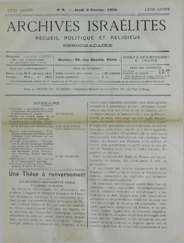 Archives israélites de France. Vol.63 N°06 (06 févr. 1902)