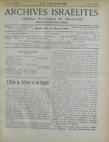 Archives israélites de France. Vol.70 N°17 (29 avr. 1909)