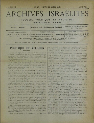 Archives israélites de France. Vol.88 N°17 (28 avr. 1927)