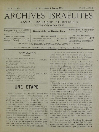 Archives israélites de France. Vol.73 N°01 (04 janv. 1912)