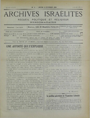 Archives israélites de France. Vol.92 N°06 (05 févr. 1931)