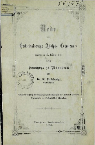 Rede zum Gedächtnisstage Adolphe Crémieux's... inder Synagoge zu Mannheim