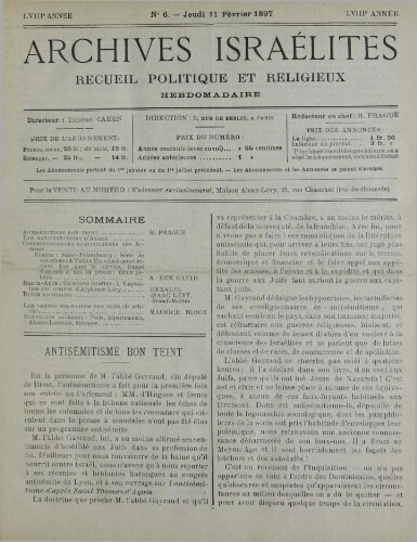 Archives israélites de France. Vol.58 N°06 (11 févr. 1897)