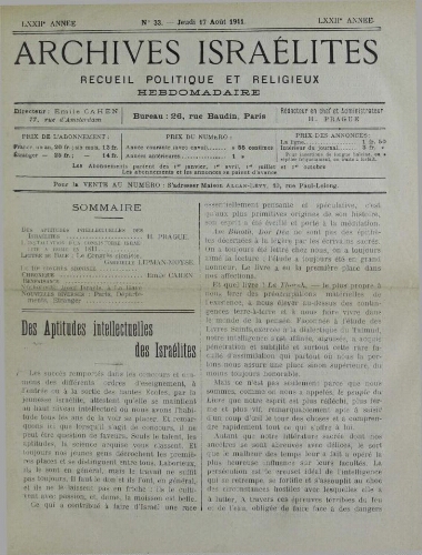 Archives israélites de France. Vol.72 N°33 (17 août 1911)