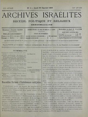 Archives israélites de France. Vol.60 N°04 (26 janv. 1899)