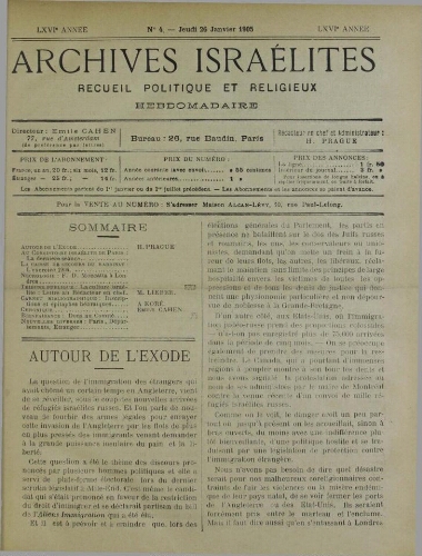 Archives israélites de France. vol.66 N°04 (26 janv. 1905)