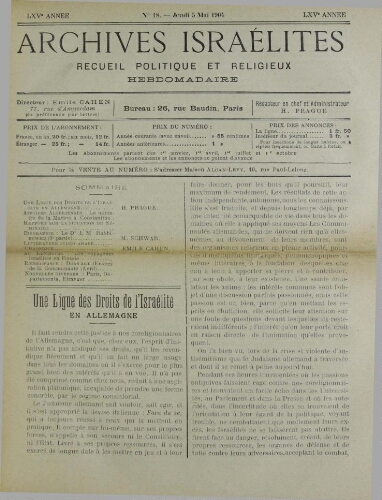 Archives israélites de France. Vol.65 N°18 (05 mai 1904)