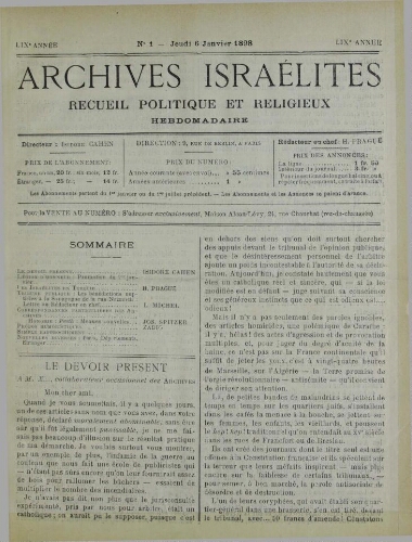 Archives israélites de France. Vol.59 N°01 (06 janv. 1898)