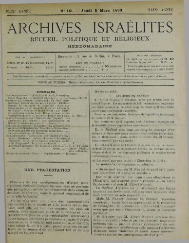 Archives israélites de France. Vol.49 N°10 (08 mars 1888)