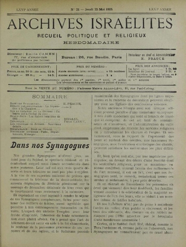 Archives israélites de France. vol.66 N°21 (25 mai 1905)