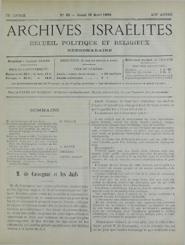 Archives israélites de France. Vol.59 N°33 (18 août 1898)